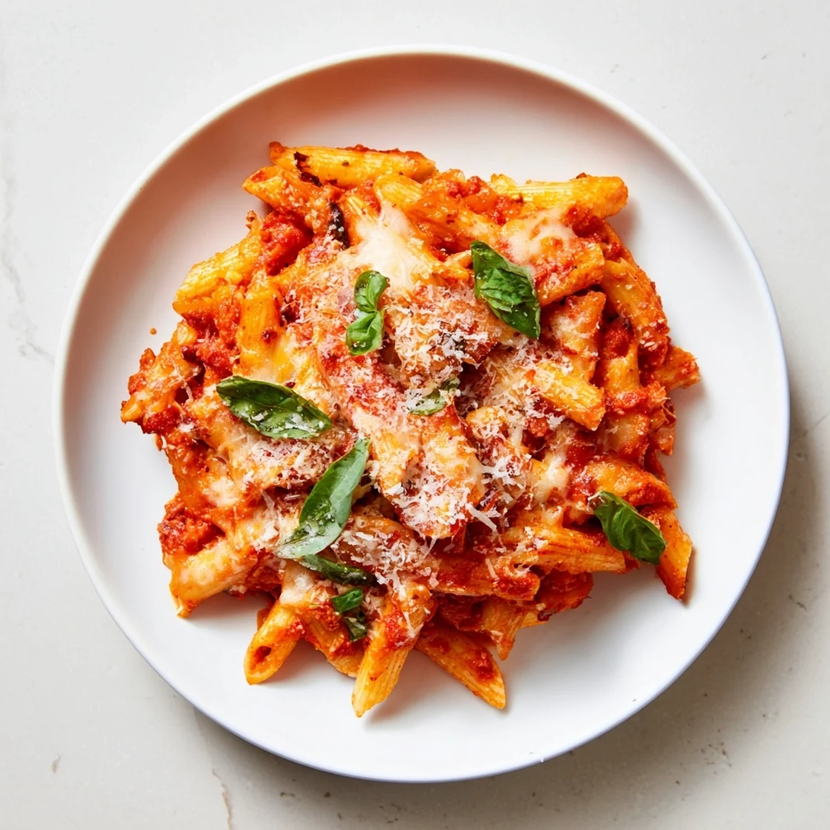 Steaming baked Penne Arrabbiata, topped with bubbly cheese and fresh basil, ready to serve.