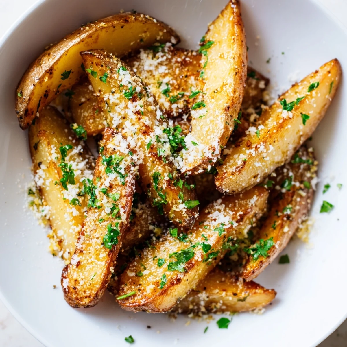 Golden-brown Rosemary Parmesan Potato Wedges, ready to serve with Parmesan cheese and fresh parsley.