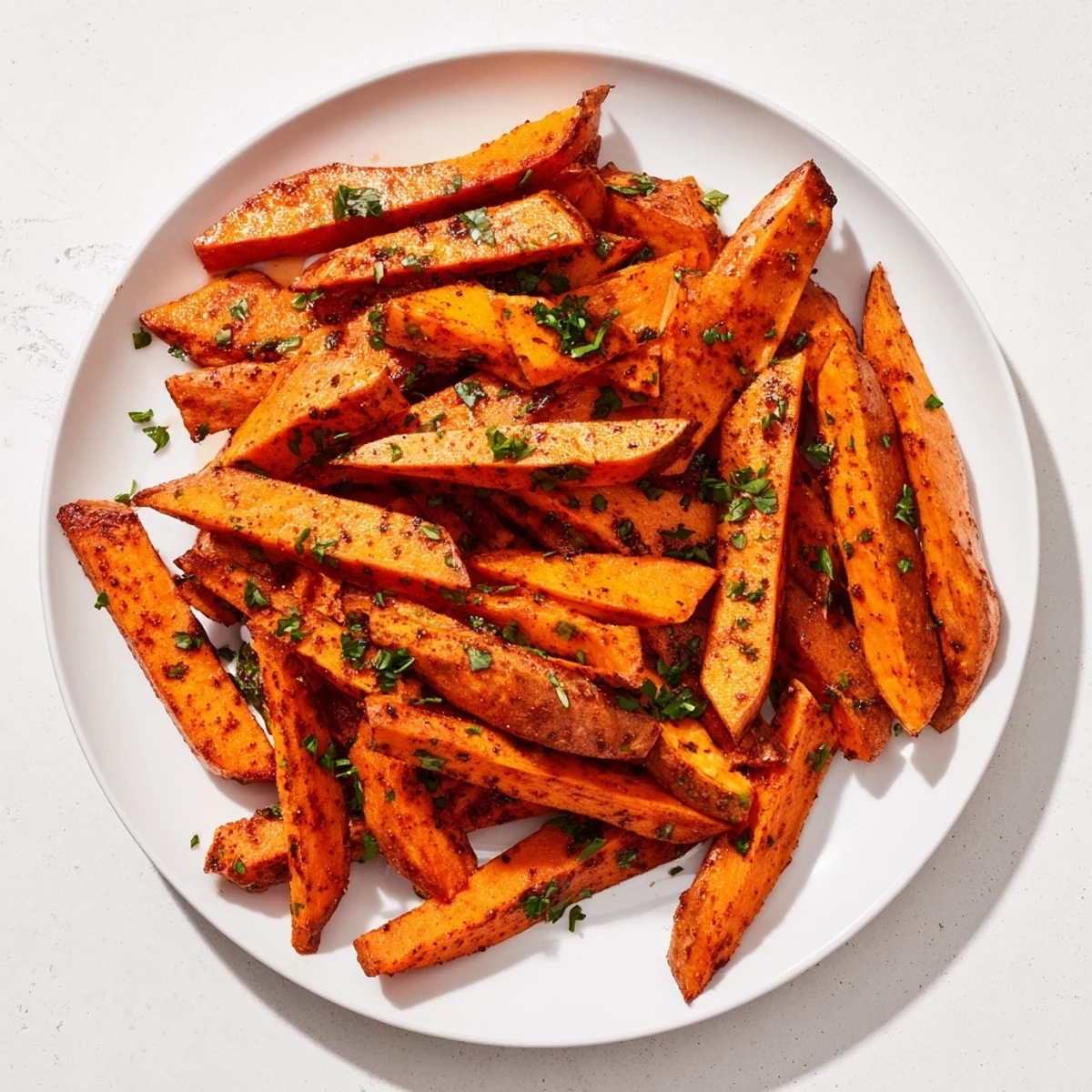 A plate of hot, appetizing Cajun spiced sweet potato fries with a sprinkle of fresh parsley.
