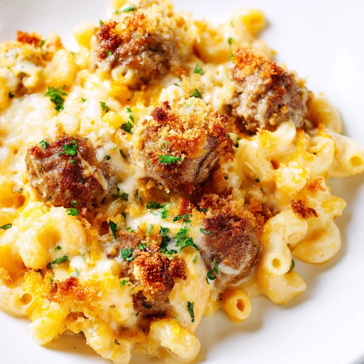 Golden-brown Mac & Cheese Meatball Bake, bubbly and fragrant with melted cheese and tender meatballs.