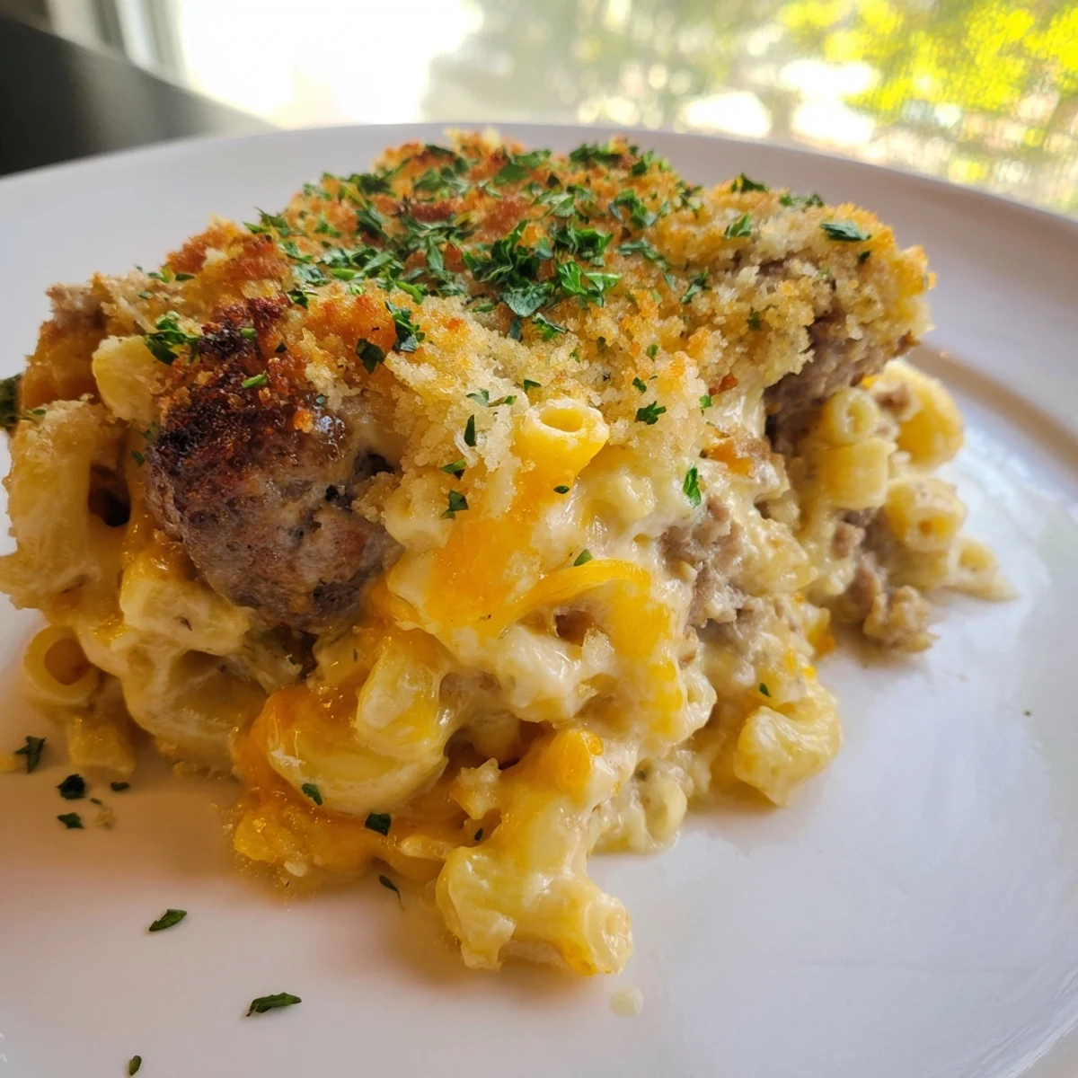 Mac Cheese Meatball Bake