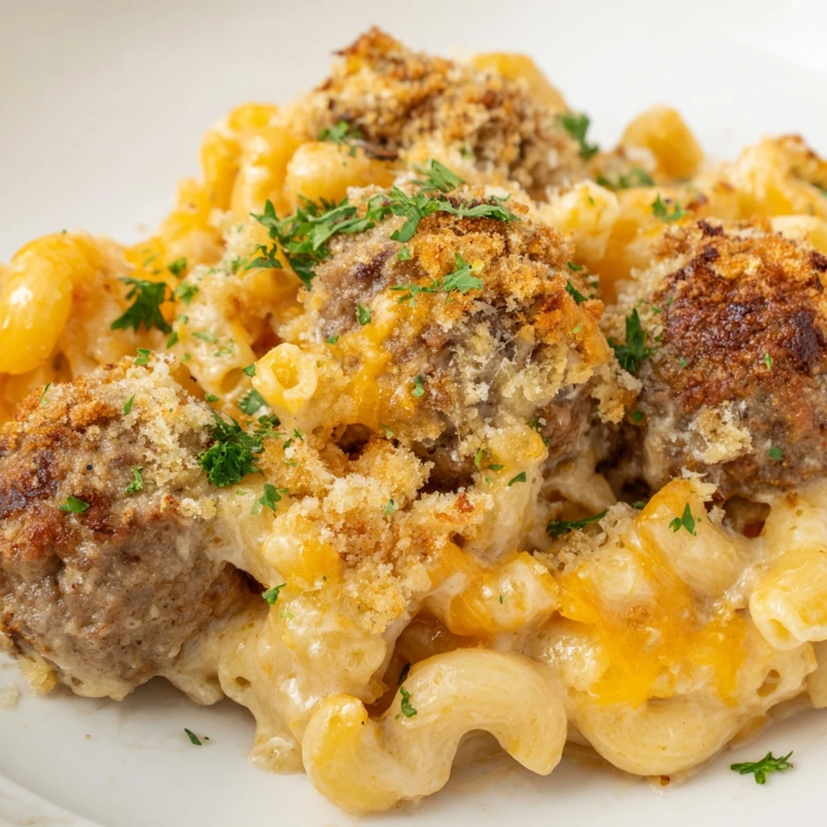 A close-up of a bubbling Mac & Cheese Meatball Bake, showing the creamy cheese sauce and baked topping.