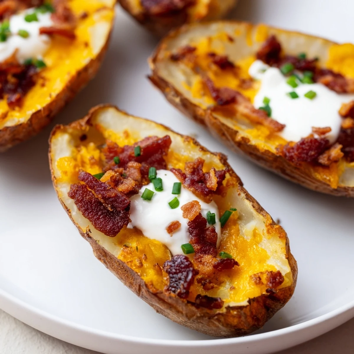 Golden, crispy Loaded Baked Potato Skins, generously topped with melted cheddar cheese and smoky bacon bits.