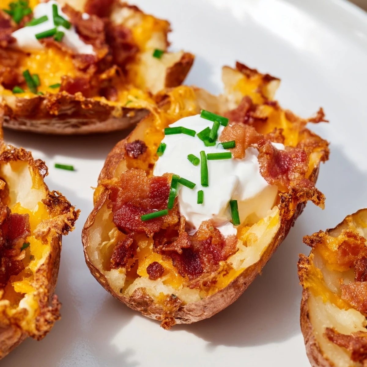 A close-up of delicious Loaded Baked Potato Skins, served with sour cream and fresh chives, ready to eat.