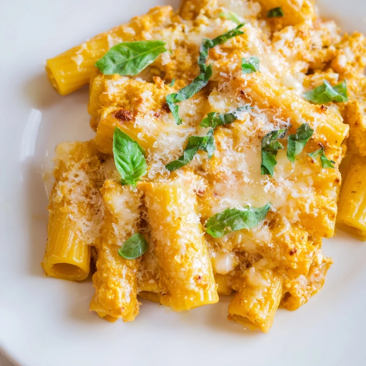 Golden baked Four Cheese Pasta, bubbling with melted mozzarella and rich marinara sauce, ready to serve.