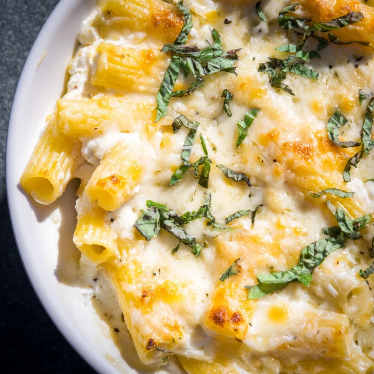 A comforting casserole of Four Cheese Baked Pasta with a bubbly, cheese-crusted topping, absolutely delightful!