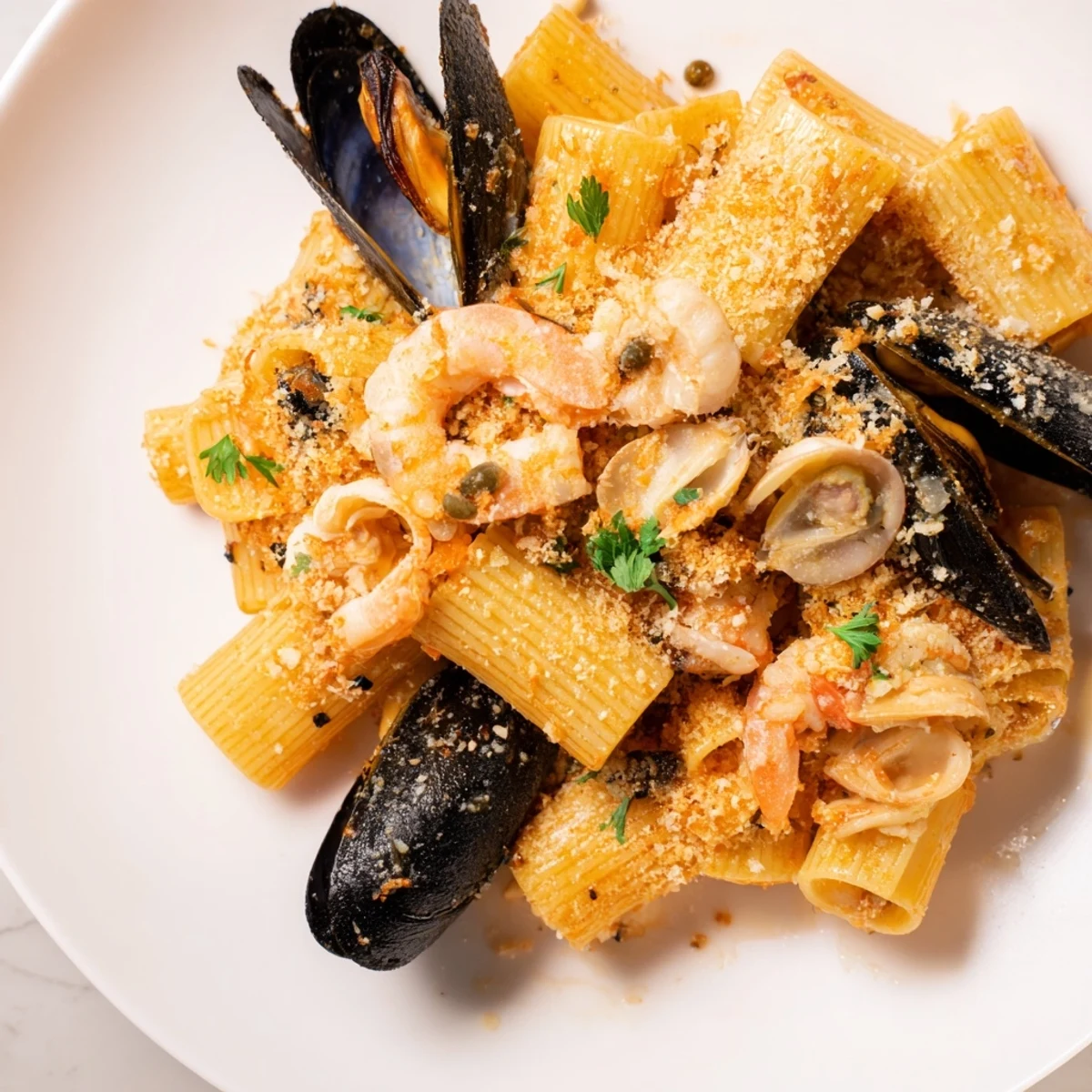 Golden seafood pasta bake bubbling in a dish, topped with melted cheese and fresh parsley.