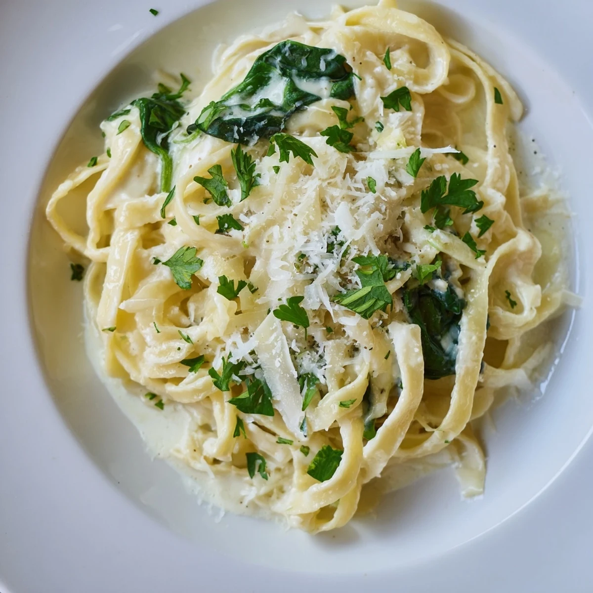 Creamy Spinach Fettuccine Alfredo: A close-up shot of rich pasta with vibrant spinach and parmesan.