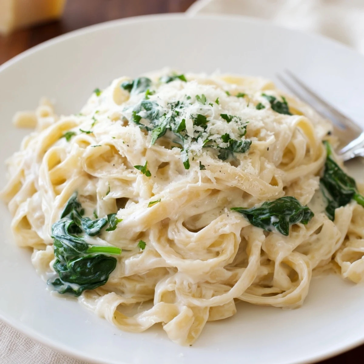 Decadent Creamy Spinach Fettuccine Alfredo, featuring perfectly cooked pasta coated in a creamy cheese sauce.