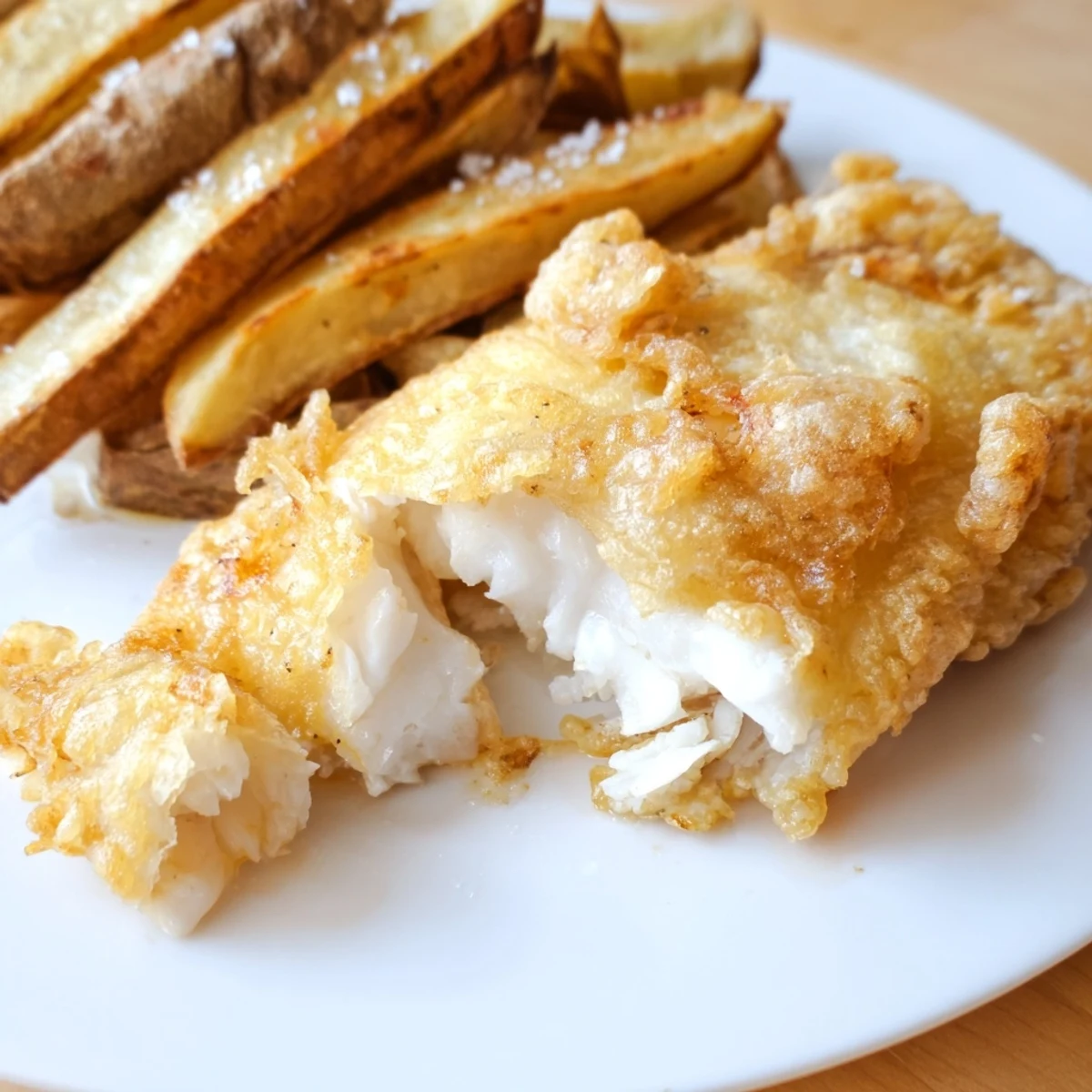 Golden and crispy British fish and chips, a delicious pub classic enjoyed hot with malt vinegar.