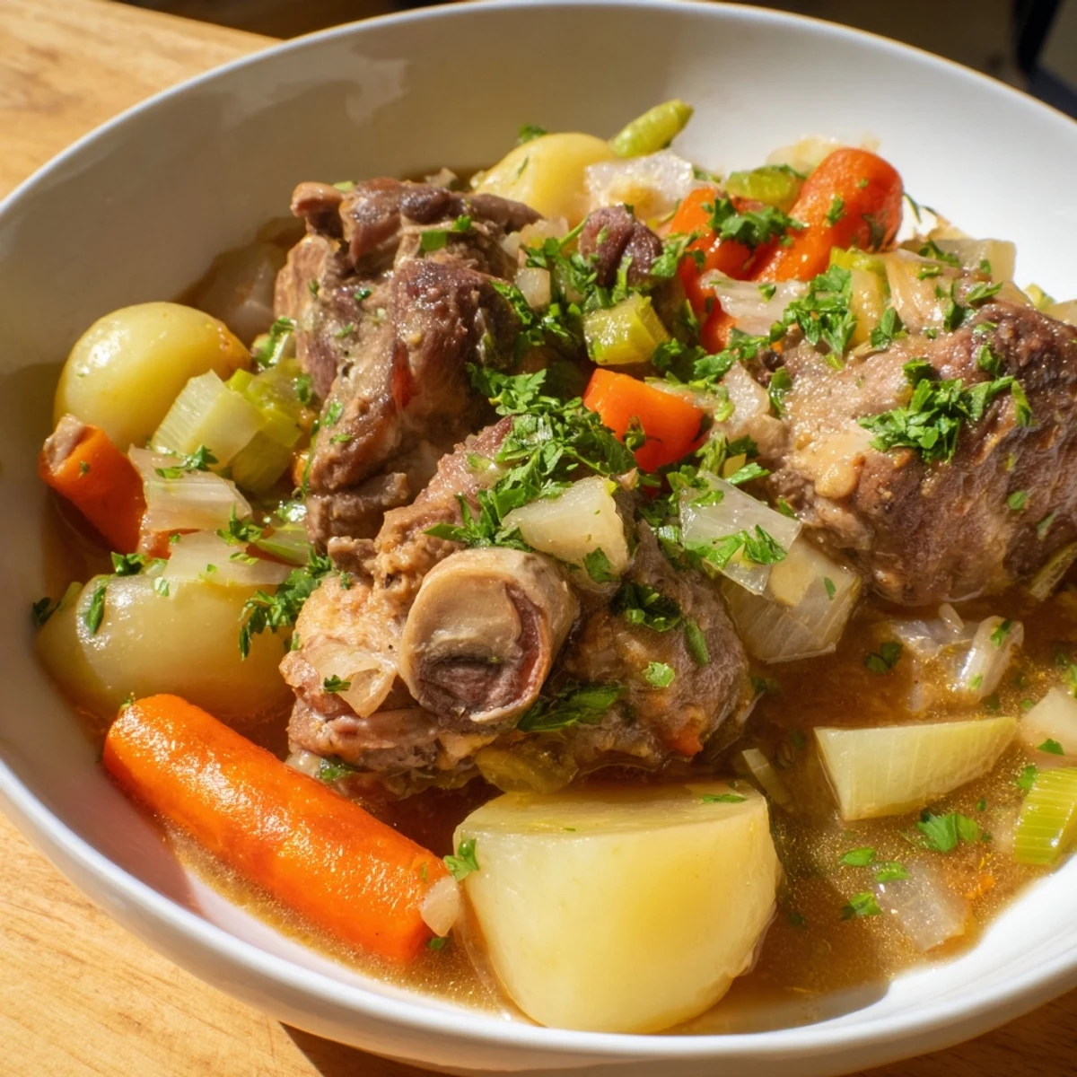 Tender lamb and vegetable-filled Welsh Cawl stew, a hearty and flavorful dish, ready to serve.