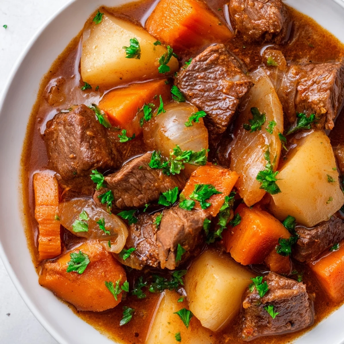 Tender Irish Beef Stew, steaming hot in a rustic bowl, garnished with fresh, bright parsley.