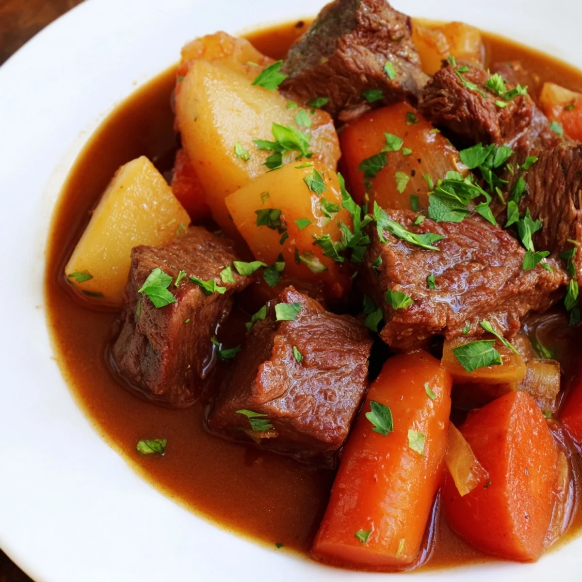 A close-up of a richly flavored Irish Beef Stew, showcasing perfectly cooked beef and vegetables.