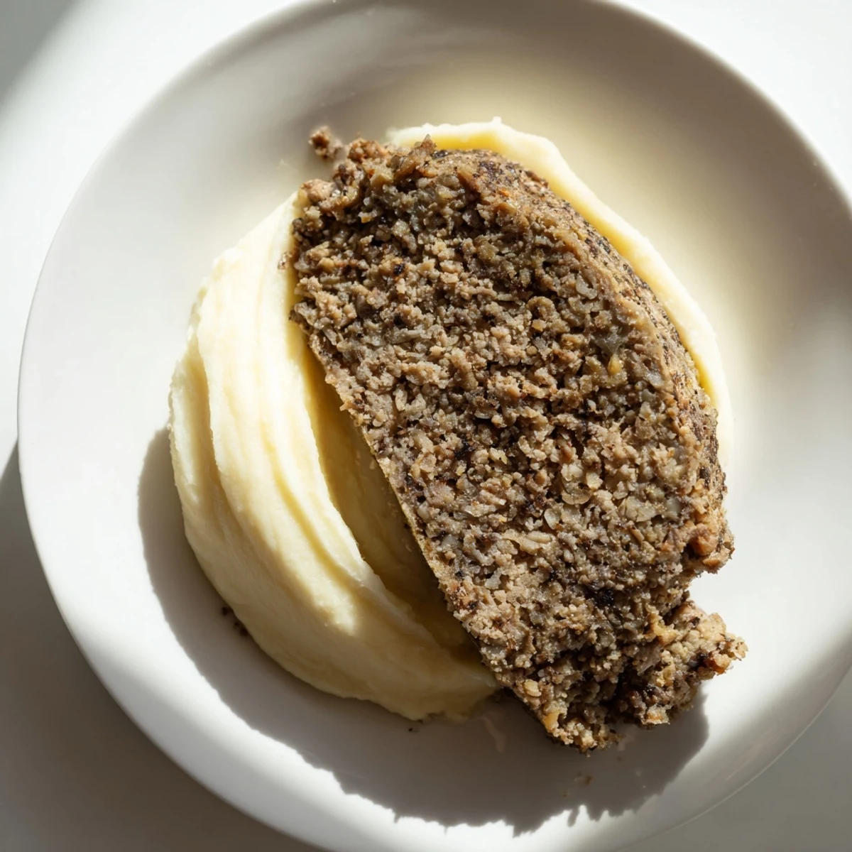 Steaming Scottish haggis, savory pudding bursting with oats and spices, served with creamy mashed potatoes.