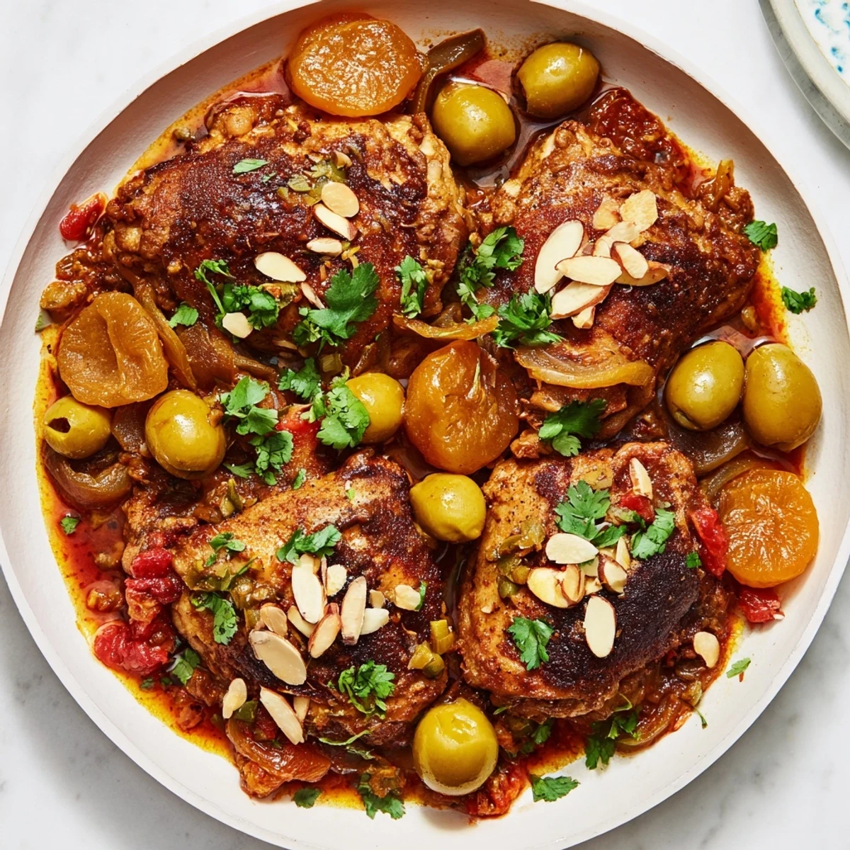 Golden, tender Moroccan Tagine Chicken with rich sauce, apricots, and olives simmering gently.