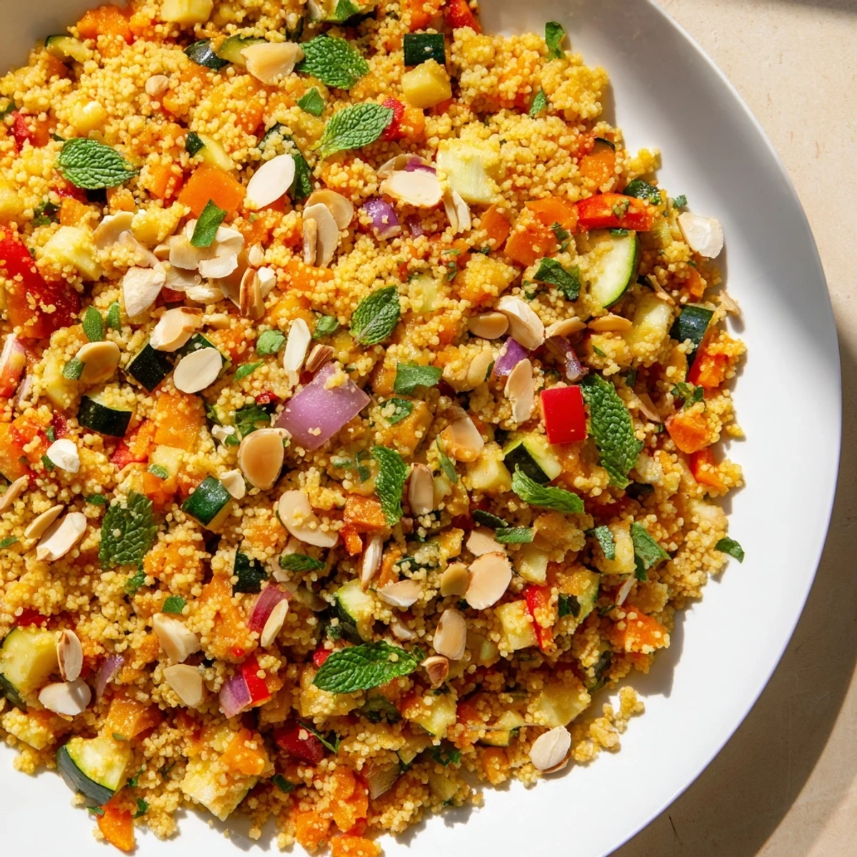 A colorful Moroccan couscous salad with roasted vegetables, perfect for a light vegetarian meal.