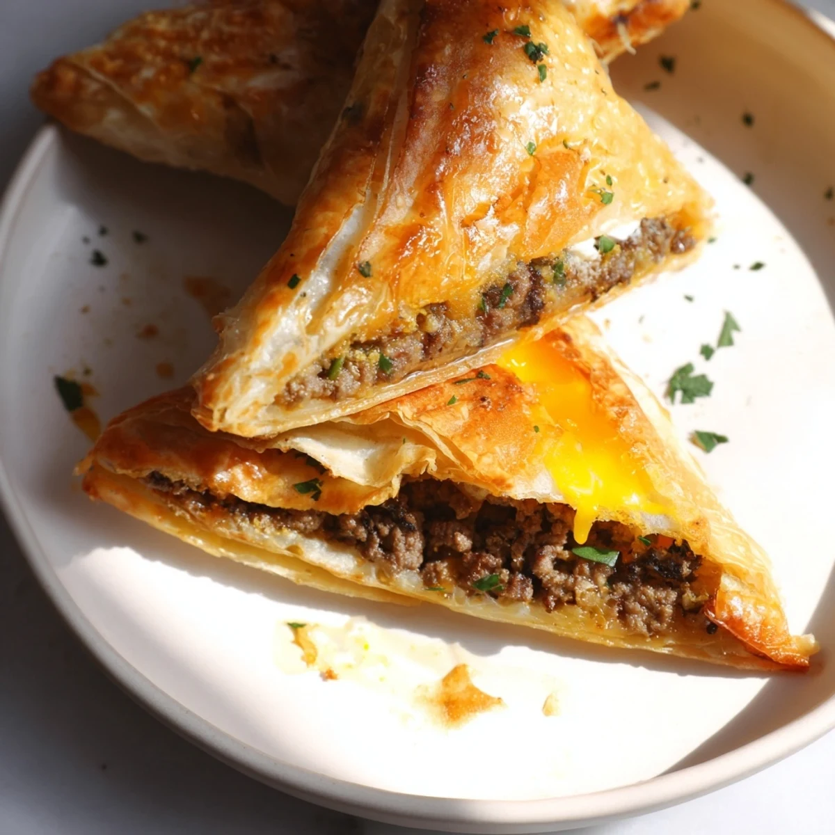 Golden, crispy Tunisian Brik pastry with a runny egg center, ready to eat.