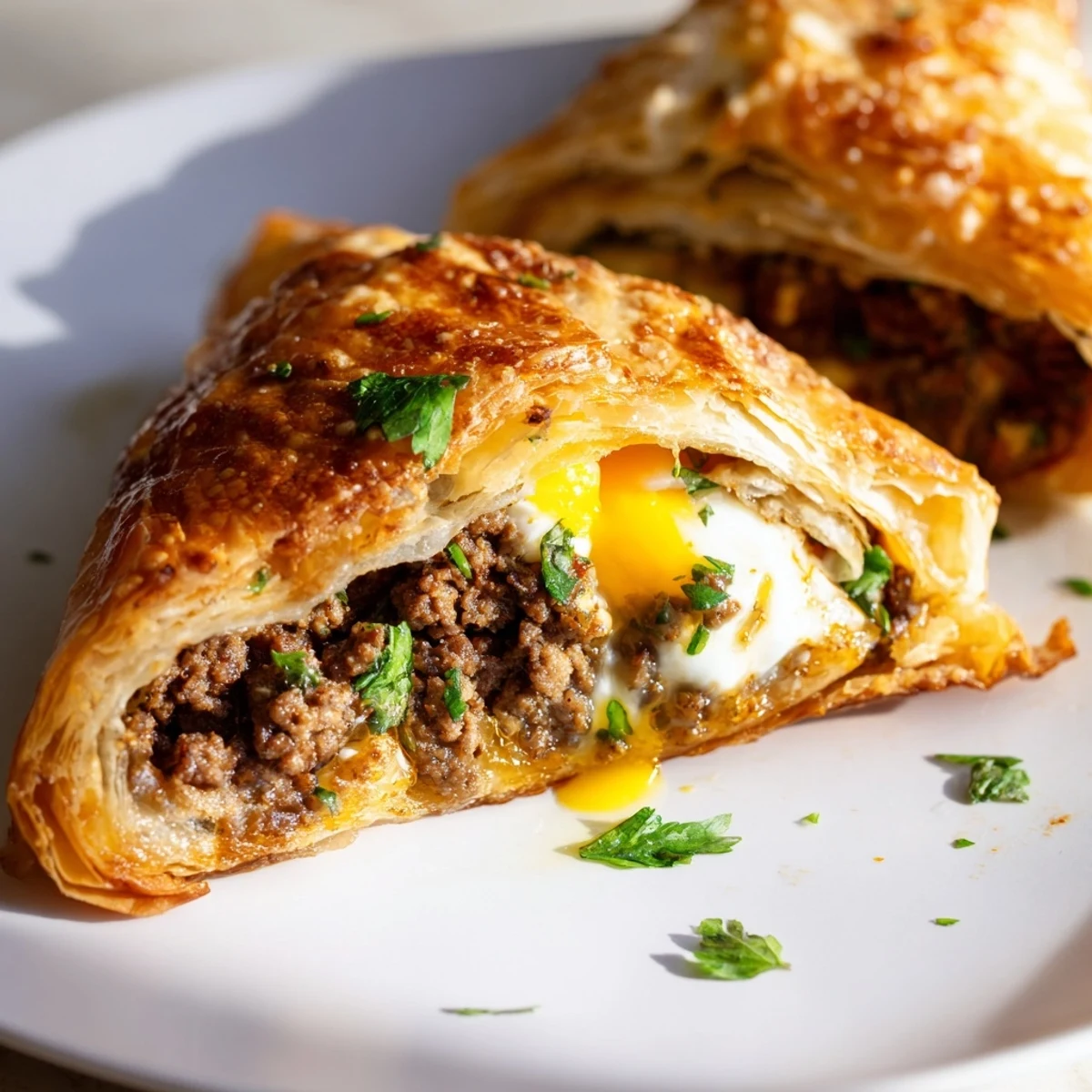 A delicious, close-up view of steaming Tunisian Brik pastry served with a salad.