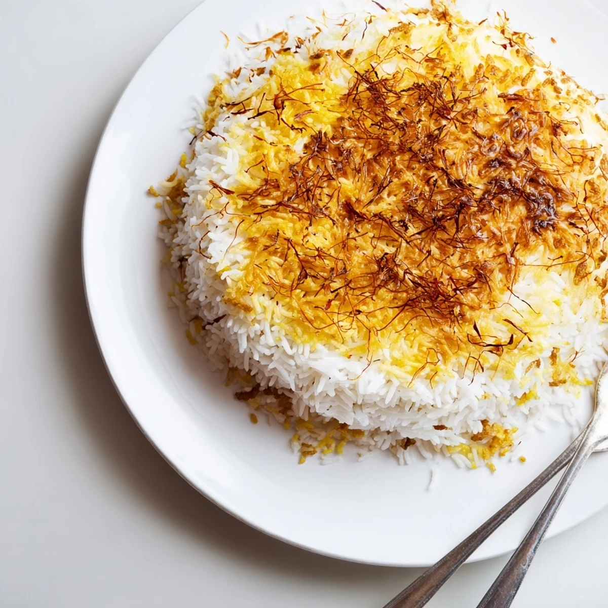Golden-crisp Persian Tahdig rice with steam rising, revealing a beautiful, layered presentation for serving.