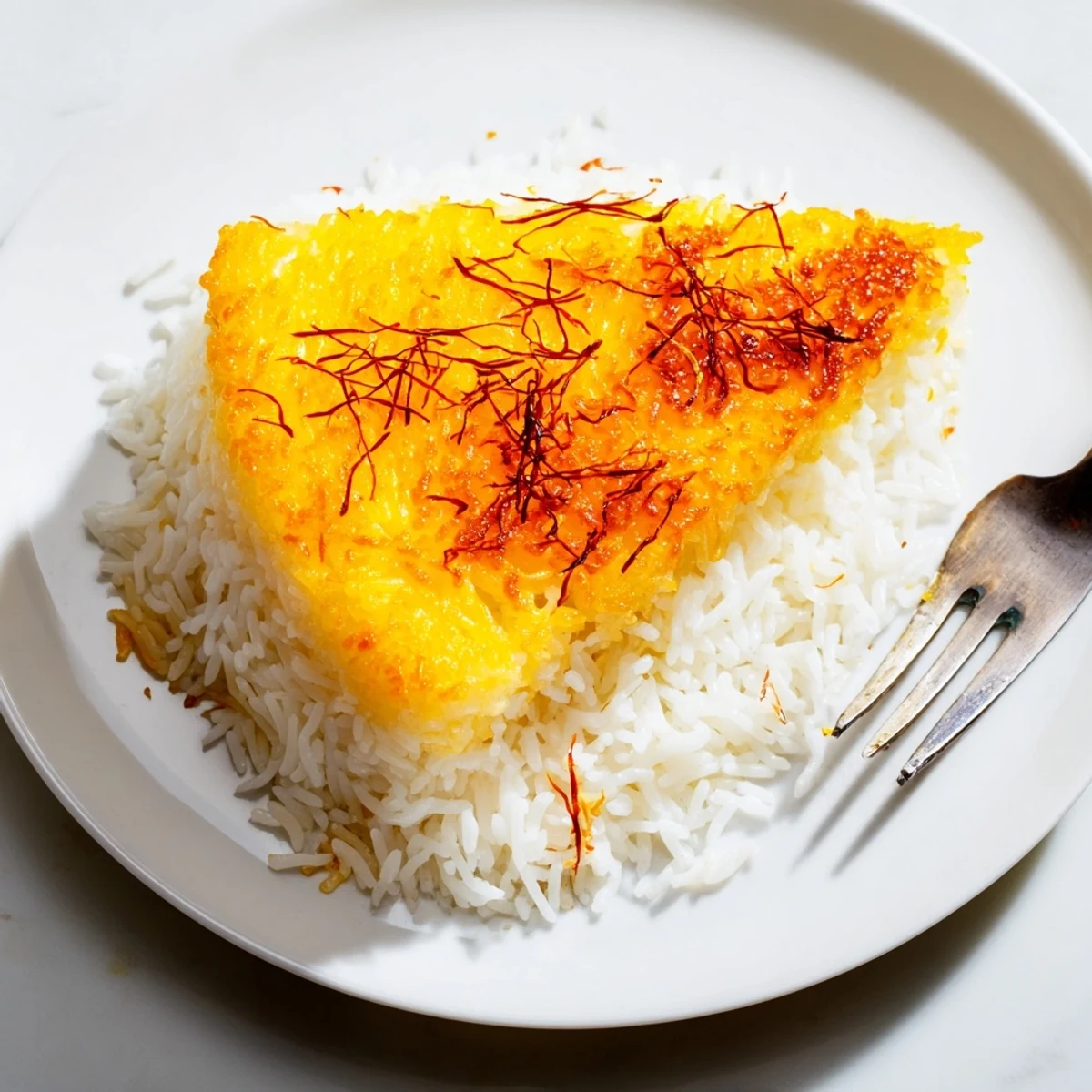 See the savory side of a Persian Tahdig, with its crunchy, caramelized rice crust and fluffy interior.