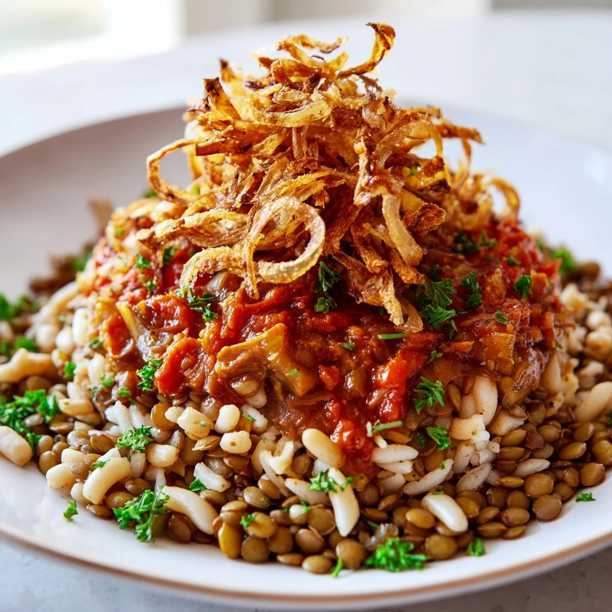 A vibrant bowl of Egyptian Koshari, a flavorful mix of grains, lentils, and a spicy sauce.