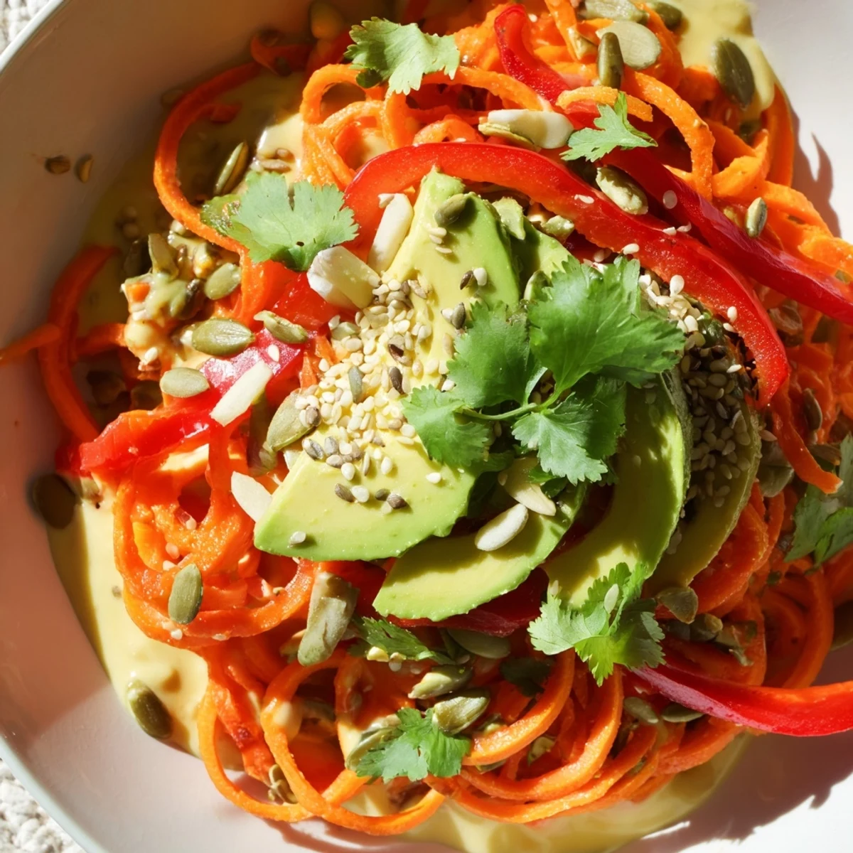 Fresh spiralized carrot noodles are topped with crisp cucumber, creamy avocado, and a drizzle of zesty tahini-lime dressing in this Carrot Noodle Skincare Bowl.