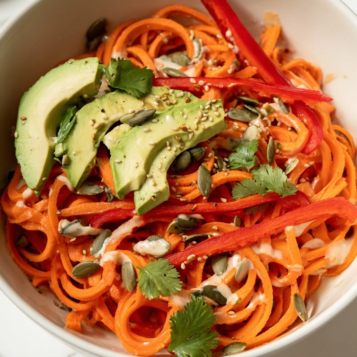 Bright orange carrot noodles tossed with baby spinach and red bell peppers, finished with sesame seeds for a nutritious and colorful Carrot Noodle Skincare Bowl.