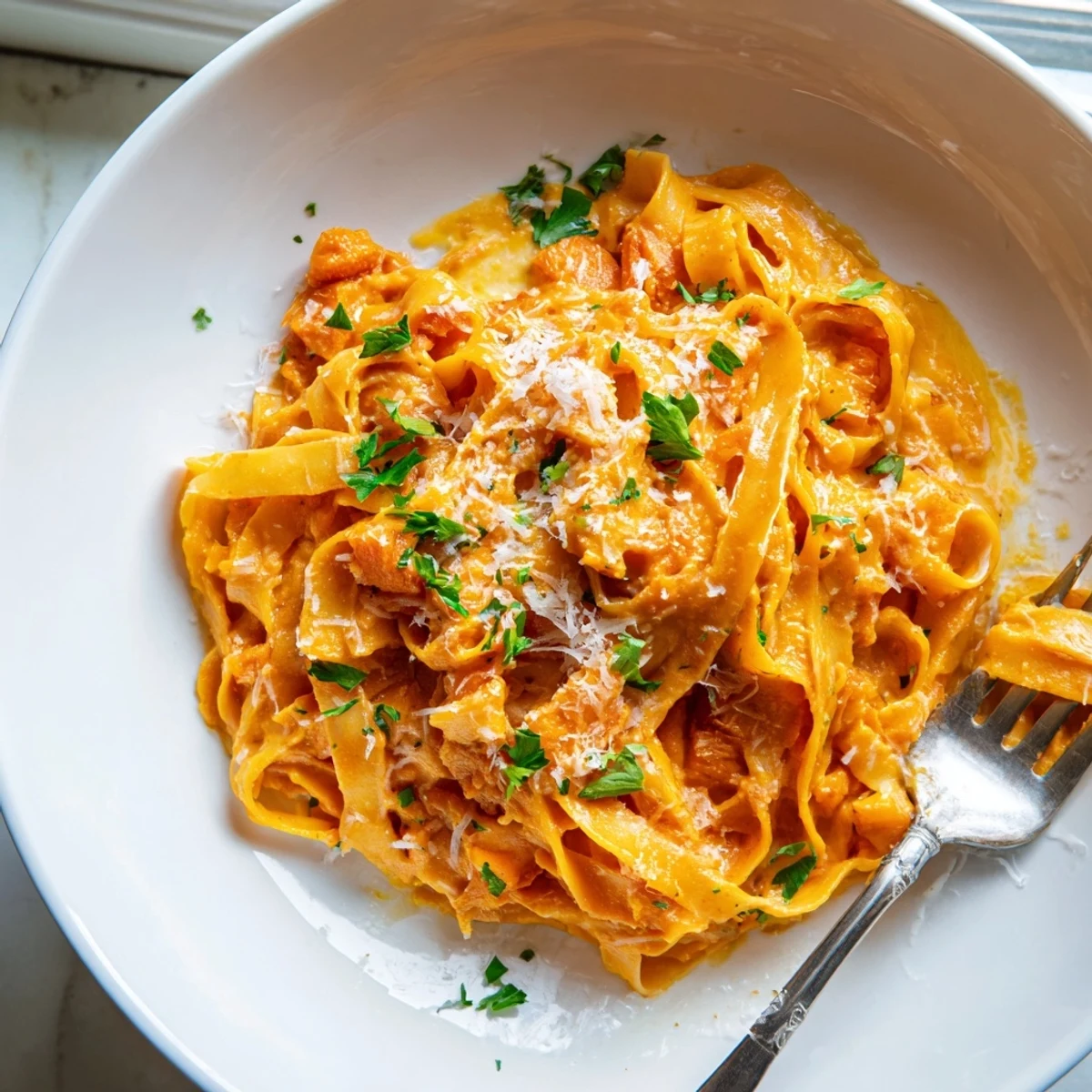 Golden roasted butternut squash and caramelized garlic on a baking sheet, ready to be blended into a creamy sauce for the Butternut Squash Pasta.