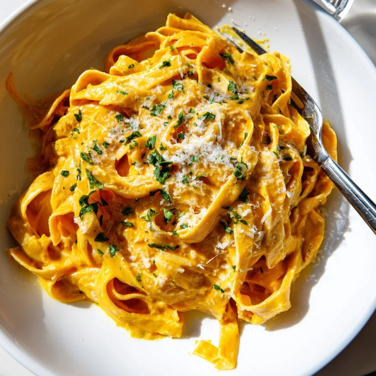 A comforting bowl of Butternut Squash Pasta featuring a rich, golden sauce made from roasted squash, onions, and sage, served hot for a cozy fall meal.