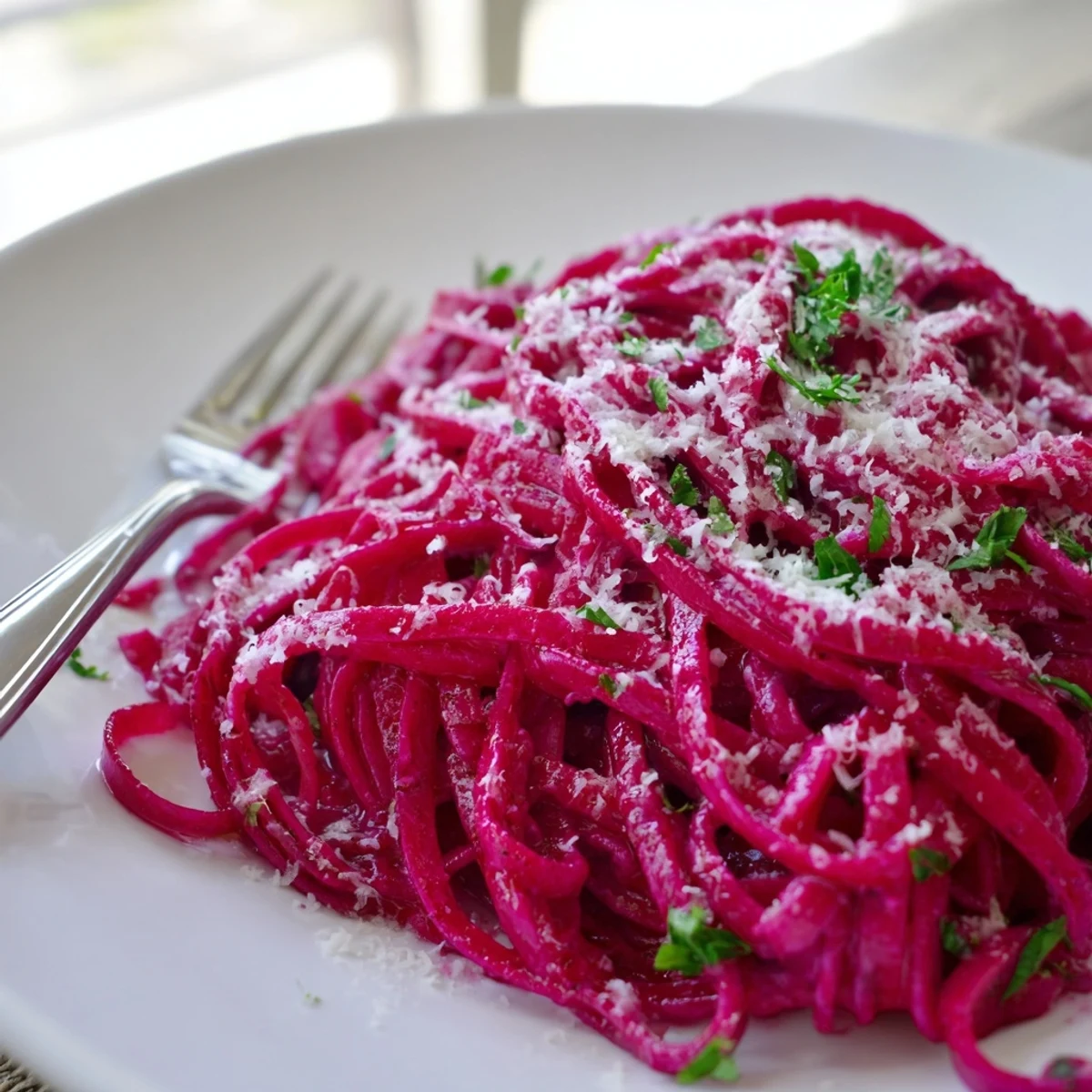 Freshly rolled Beet Noodle Pasta coils on a wooden board, showcasing its vibrant magenta color and rustic texture next to a bowl of roasted beet puree.  