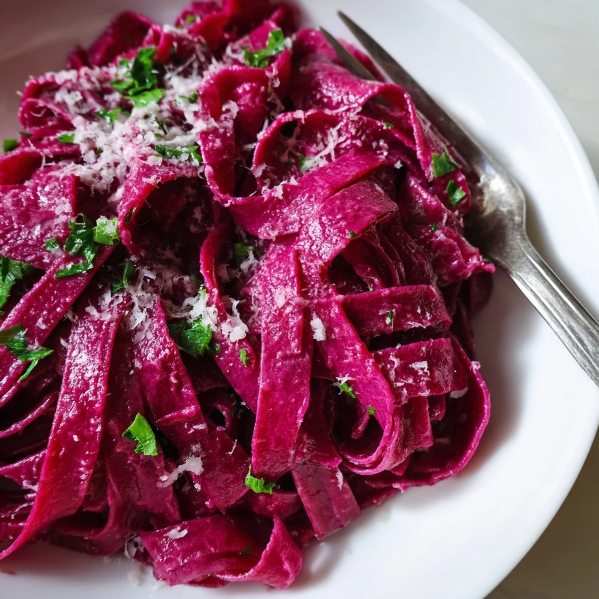 Tender, homemade Beet Noodle Pasta is tossed in a skillet with sizzling brown butter, fresh sage, and a generous dusting of grated Parmesan cheese.  