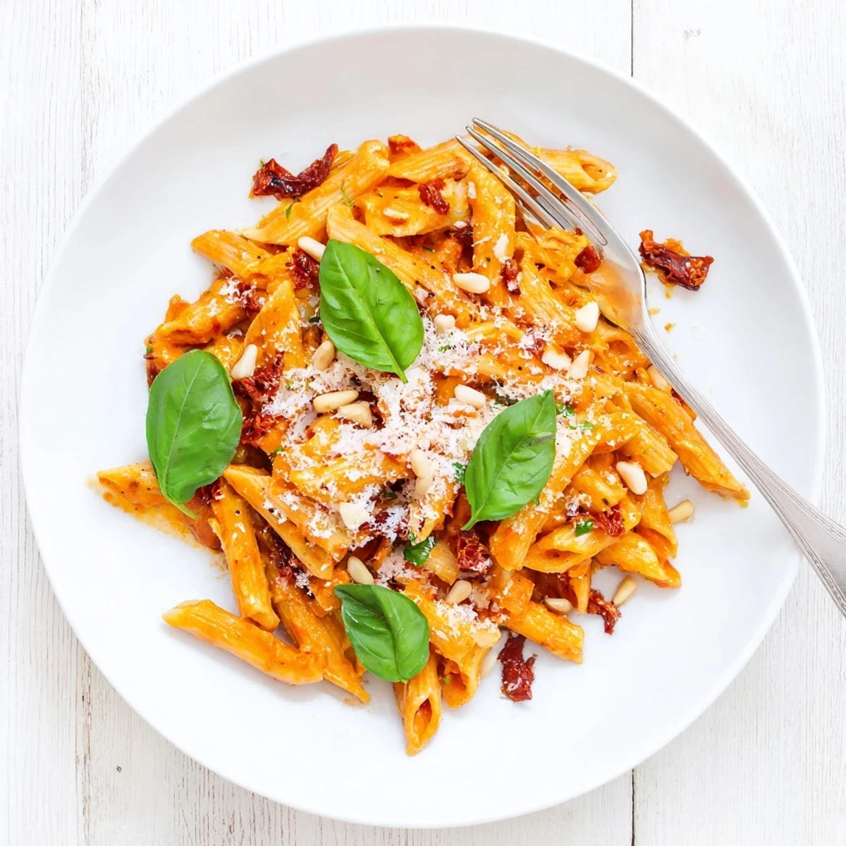Bright orange sun-dried tomato pesto clings to al dente fusilli pasta, garnished with fresh basil and grated Parmesan for a savory vegetarian main dish.