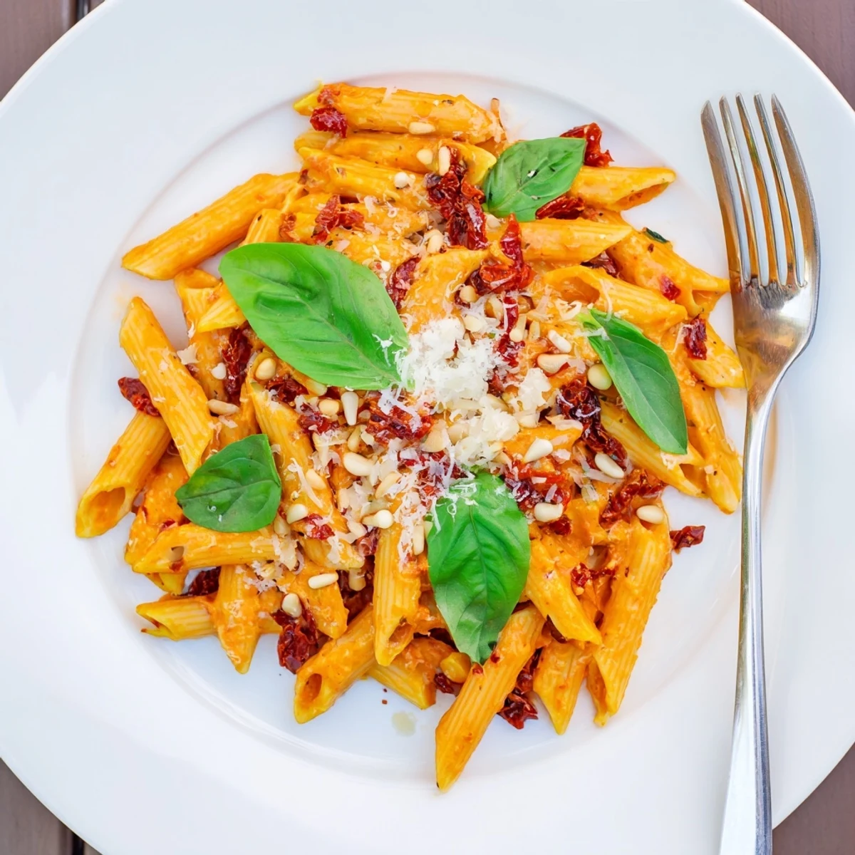 A bowl of sun-dried tomato pesto pasta features penne noodles coated in a rich, glossy red sauce, topped with toasted pine nuts and a lemon wedge.