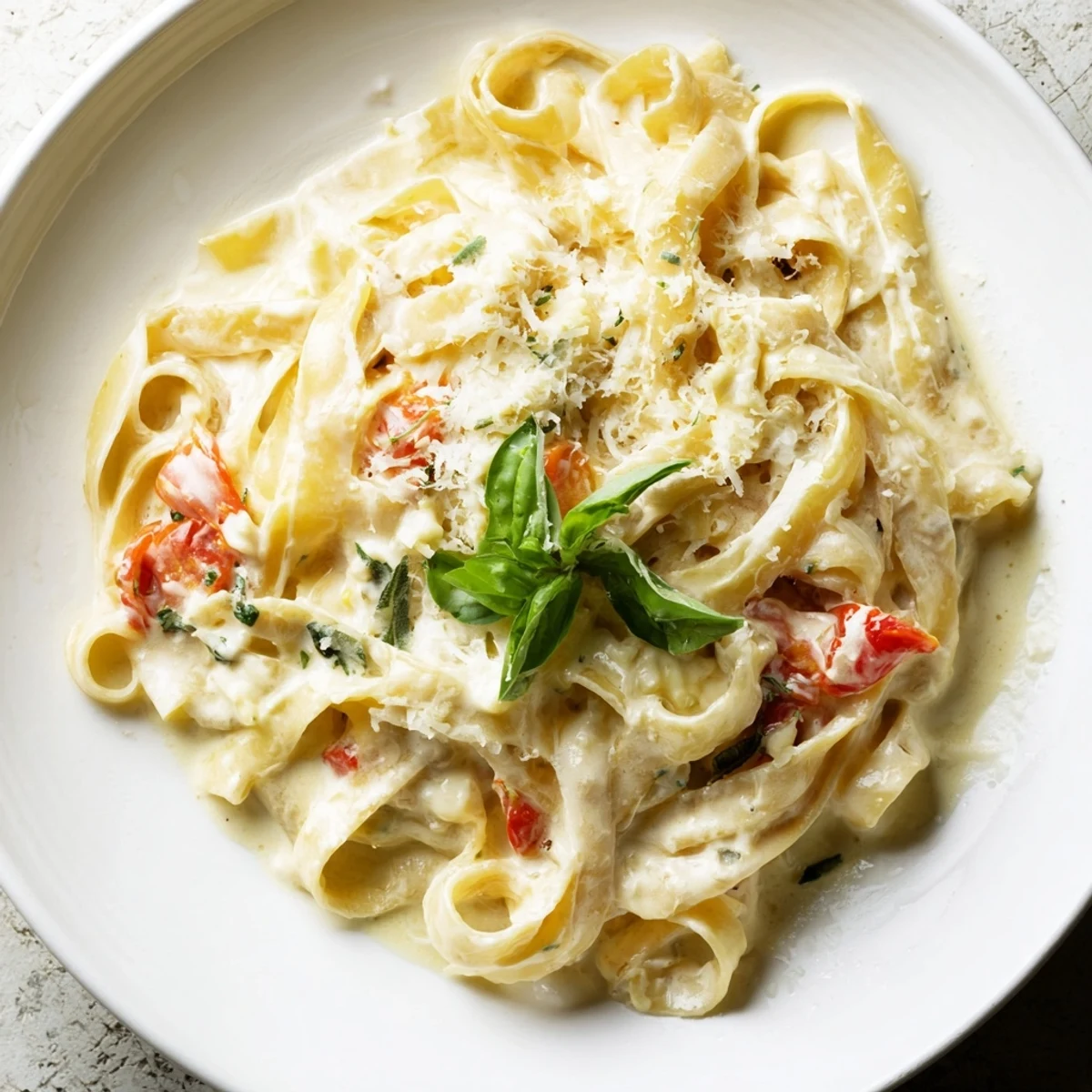 A skillet of Roasted Garlic Pasta Sauce tossed with spaghetti, finished with butter, cream, and fresh basil for a vegetarian dinner.