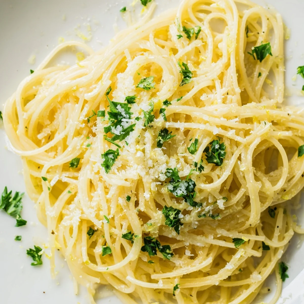 Freshly cooked capellini for Lemon Butter Pasta Light glistening in a skillet with melted butter and bright lemon zest.  
