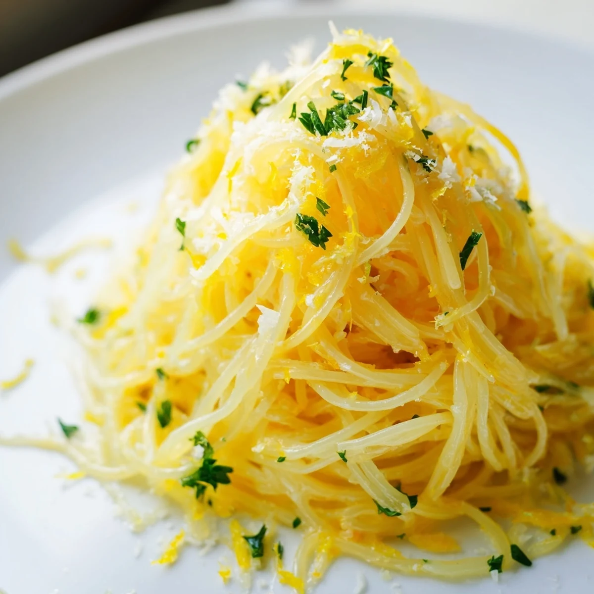 Serving suggestion for Lemon Butter Pasta Light topped with extra lemon juice and a sprinkle of Parmesan cheese.