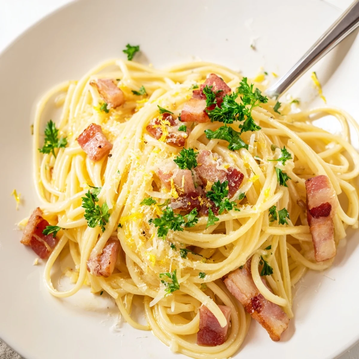 Steaming plate of Crispy Bacon Linguine, glossy strands coated in a creamy garlic sauce with fresh parsley.