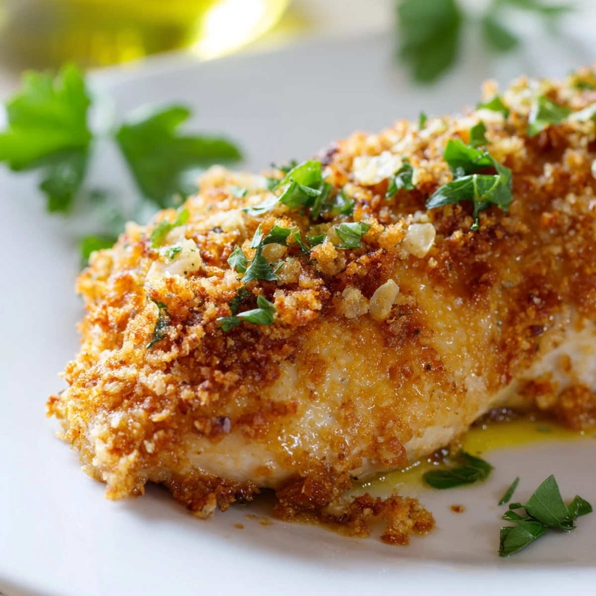 Golden-brown Roasted Garlic Parmesan Chicken breasts resting on a baking sheet, garnished with fresh parsley and a side of roasted vegetables.