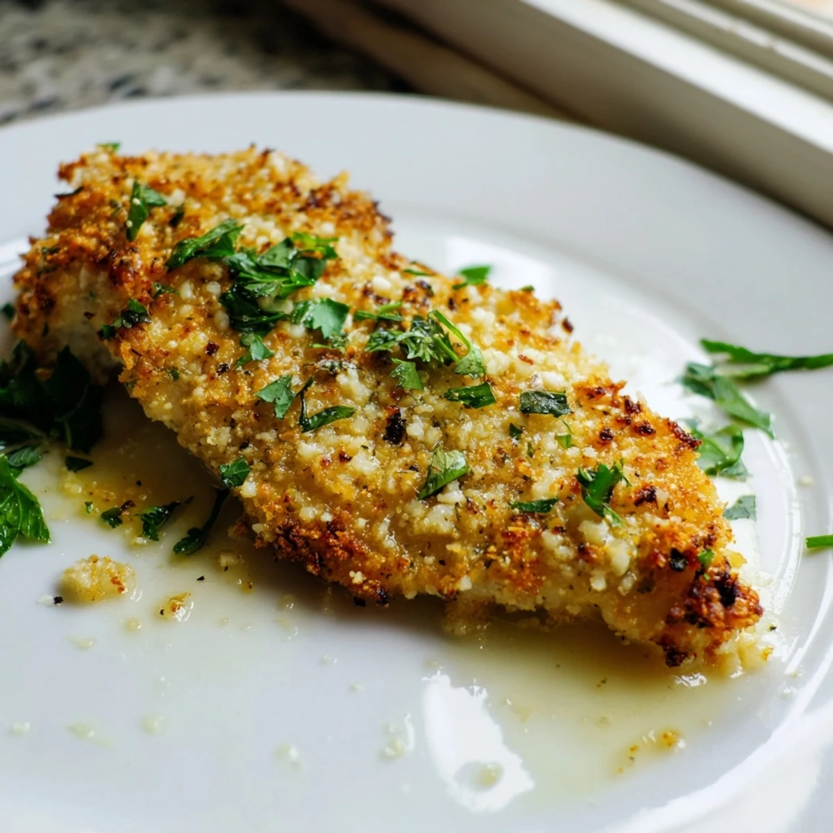 A comforting plate of Roasted Garlic Parmesan Chicken served over creamy mashed potatoes, highlighting the savory, golden crust and fresh herb garnish.
