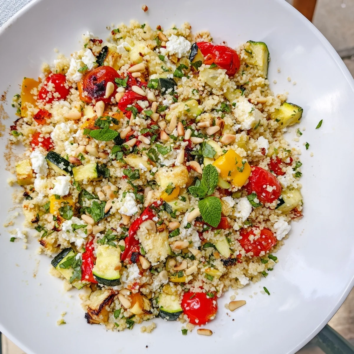 Roasted Veggie Couscous Salad with colorful zucchini, bell peppers, and tomatoes on a platter.
