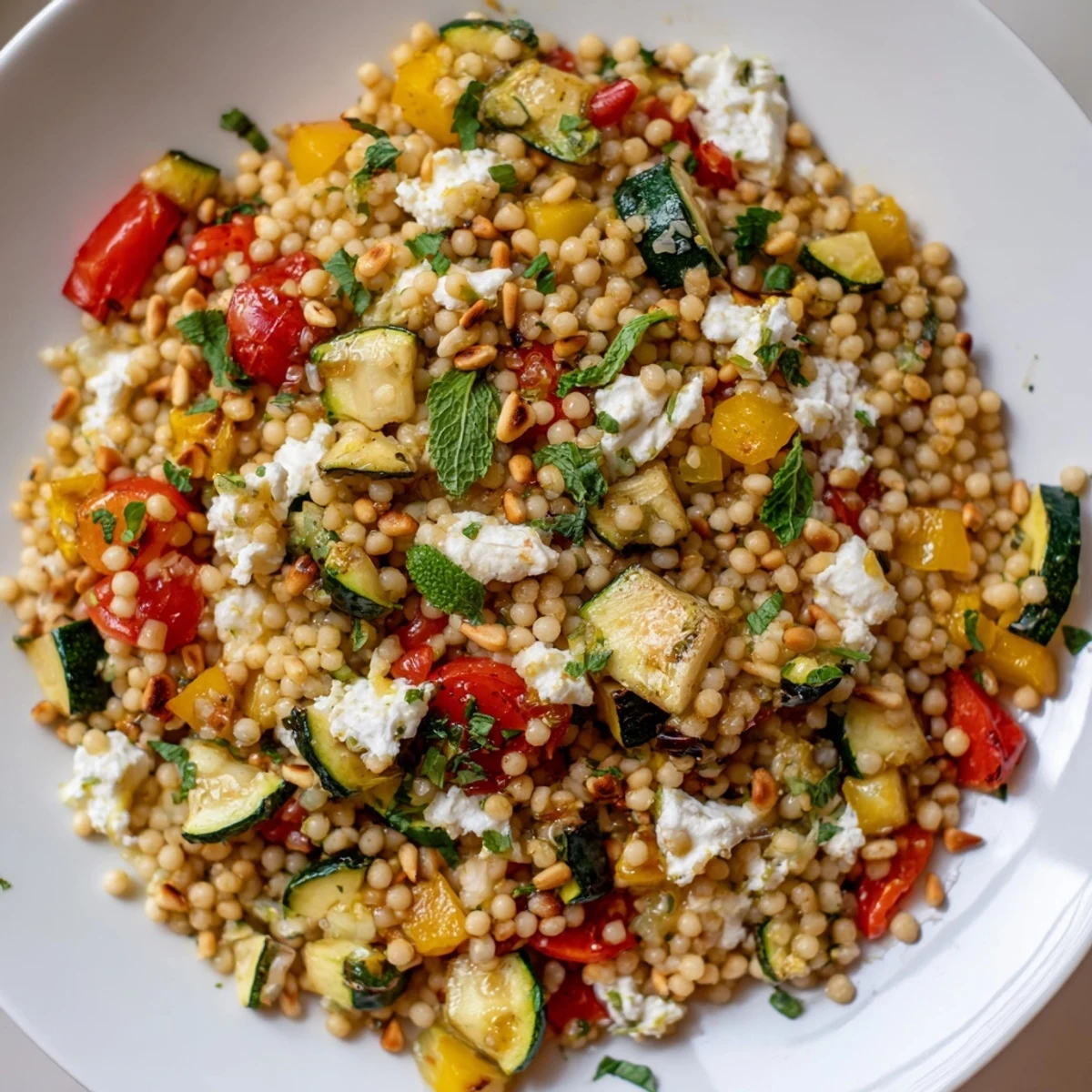 Warm Roasted Veggie Couscous Salad tossed with zesty lemon dressing, served as a light main.