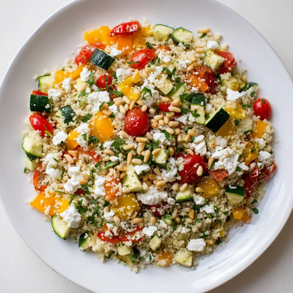A vibrant Roasted Veggie Couscous Salad topped with feta, parsley, and toasted pine nuts.