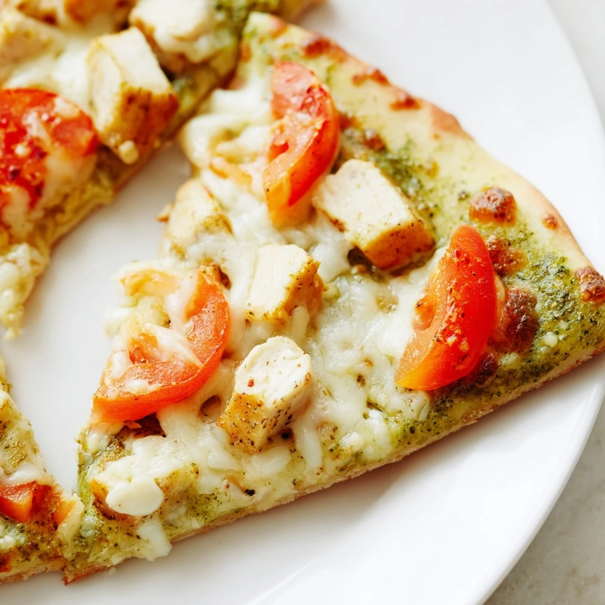 A slice of Chicken Pesto Pizza rests on a wooden board, revealing tender chicken, ripe tomatoes, and bubbling mozzarella.