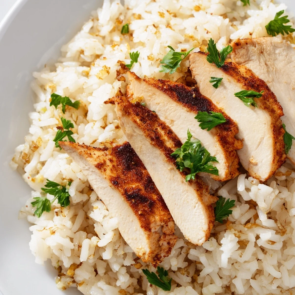 A close-up of Garlic Butter Rice with Chicken, fluffy grains glistening with butter, topped with thick slices of juicy grilled chicken breast.
