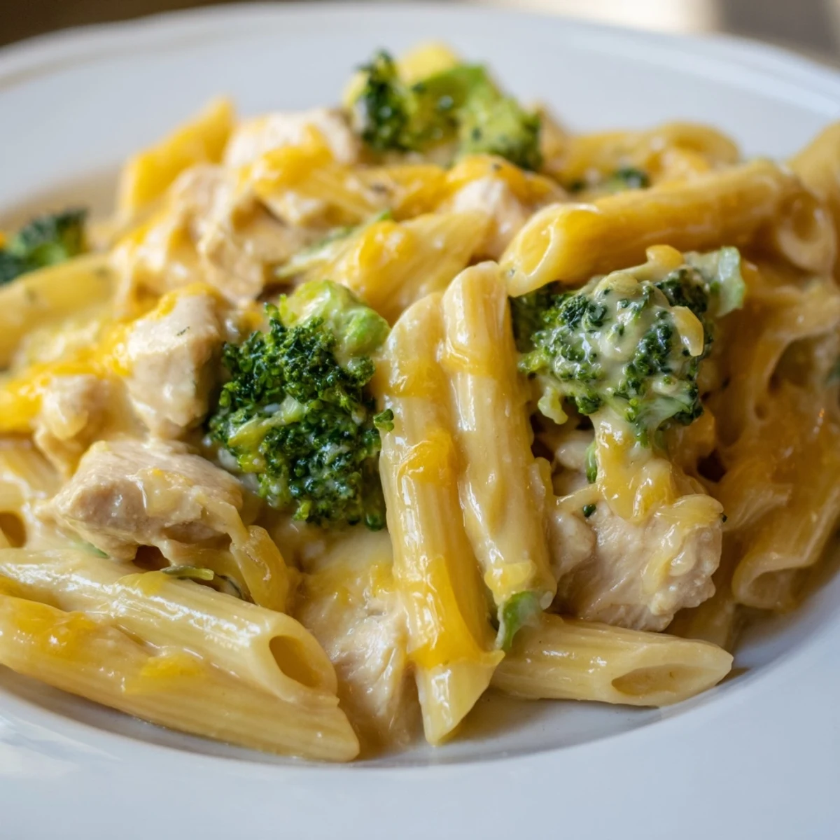 Creamy Chicken Broccoli Cheddar Pasta tossed in a rich cheese sauce, served steaming hot in a white bowl.