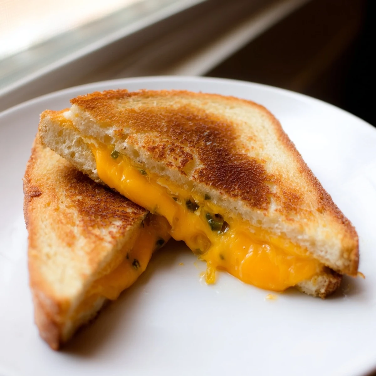 Two warm jalapeño popper grilled cheese sandwiches sliced diagonally to reveal the creamy, cheesy, and spicy filling.