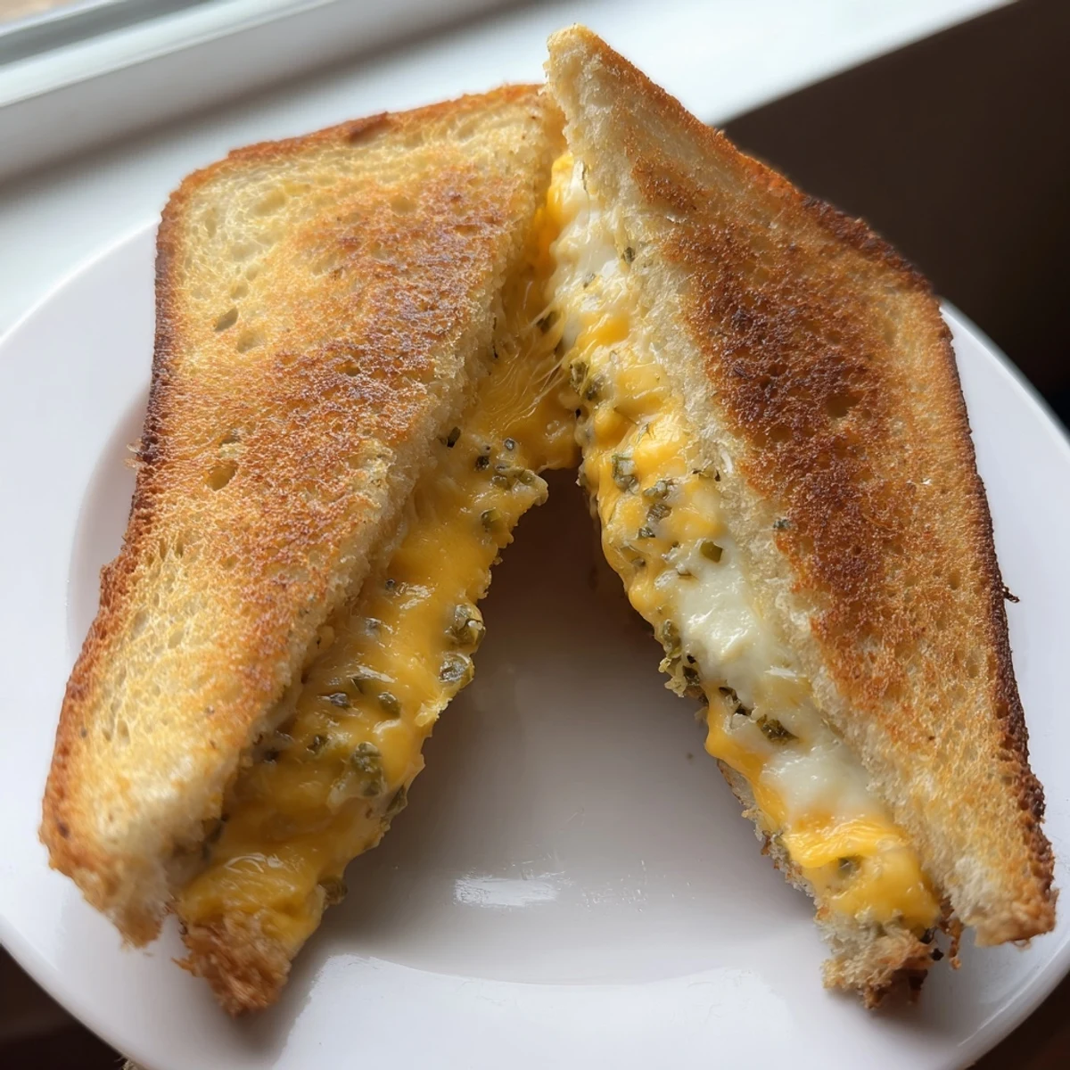 A close-up of a crispy jalapeño popper grilled cheese with melted cheese oozing from between golden bread slices.