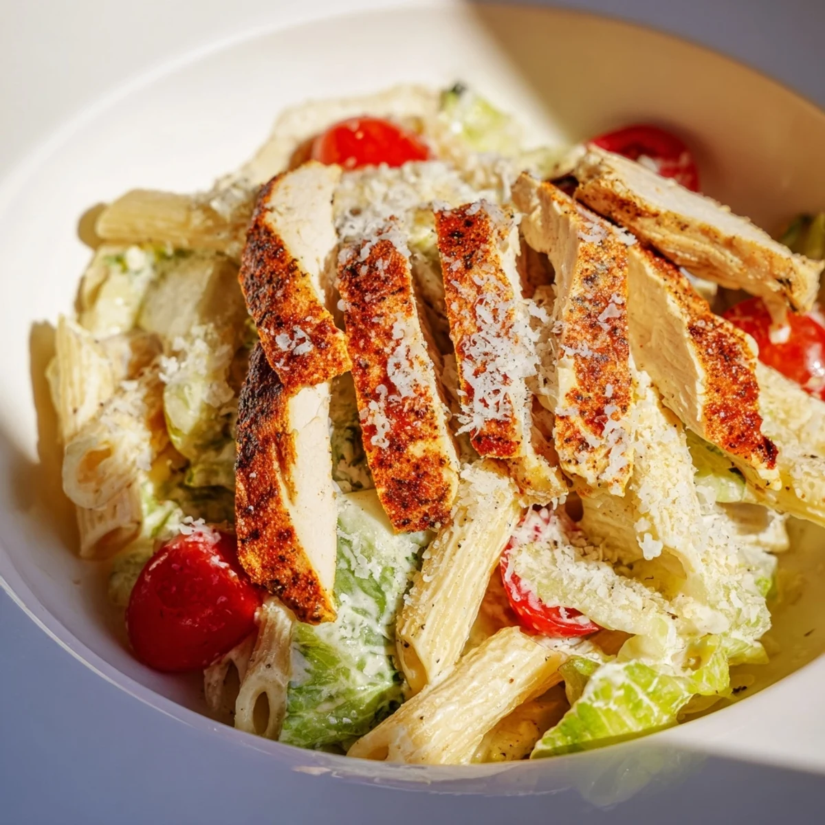 Steaming Spicy Chicken Caesar Pasta topped with grilled chicken slices, crisp romaine, and grated Parmesan, with creamy dressing glistening in the bowl.