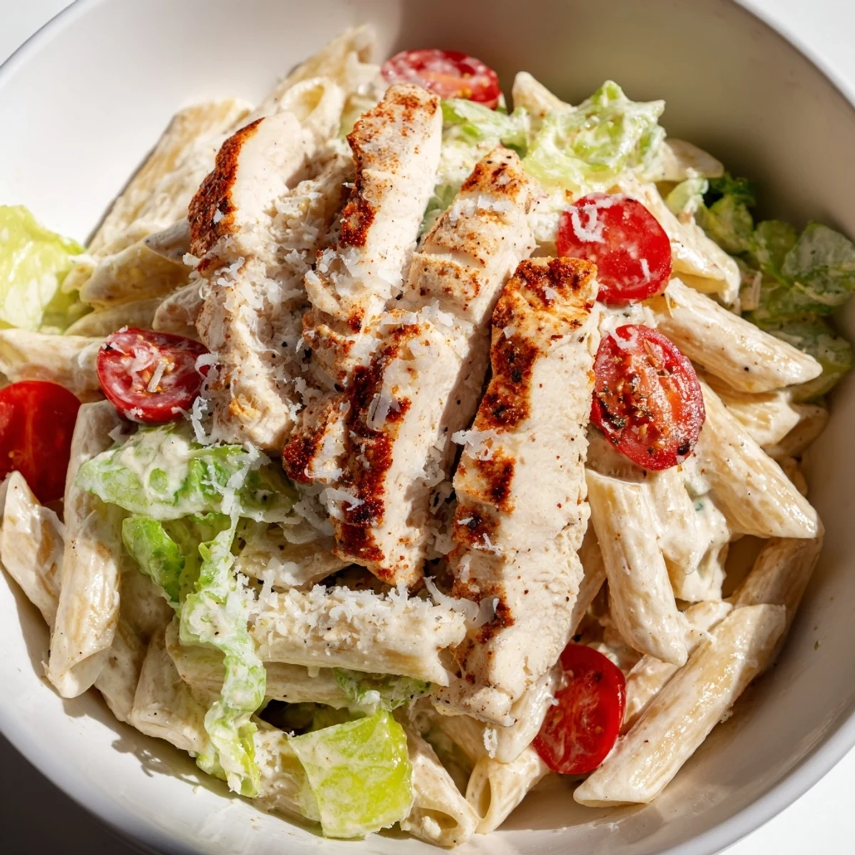 Golden, spicy chicken slices rest on a hearty bowl of Spicy Chicken Caesar Pasta tossed with romaine and cherry tomatoes.