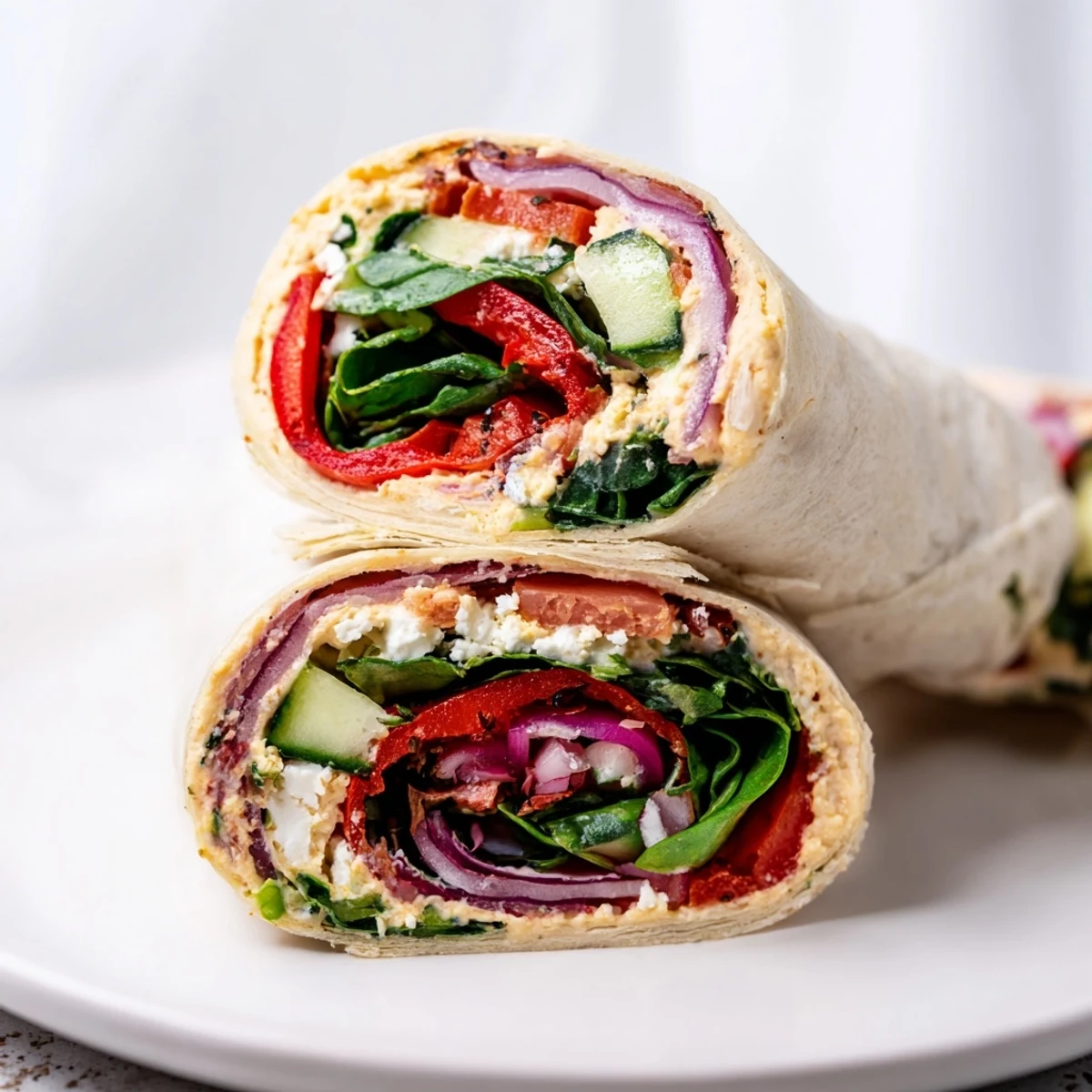 Fresh Mediterranean Veggie Wrap filled with creamy hummus, roasted red peppers, spinach, and feta in a soft flour tortilla.  